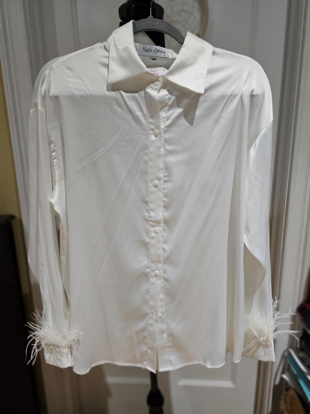 White Feather-Cuff Button Front Blouse - NWT